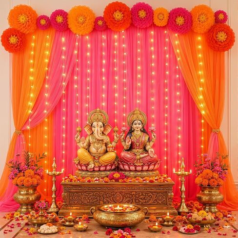 Indian Pooja Backdrop Decoration Set, Diwali Backdrop 4 Yellow Hot Pink Tulle Drapes and 12 Paper Flowers, Mehndi Home Decorations for Varalakshmi, Haldi, Puja, Festival Decor in Saudi Arabia