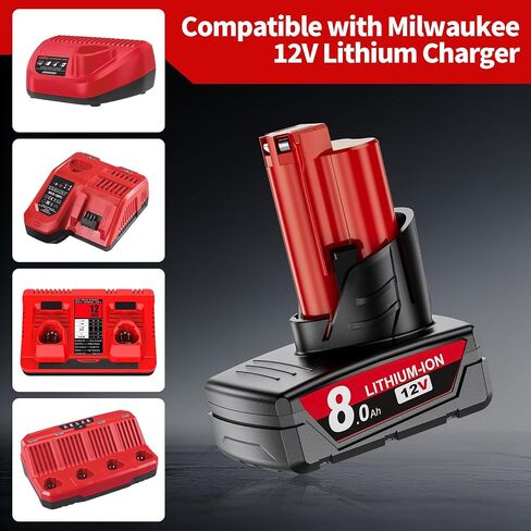 2Pack 8.0Ah Replacement for Milwaukee M12 Battery and Charger Compatible with Milwaukee 12V Battery Fit for 48-11-2401 48-11-2412 48-11-2411 48-11-2420 48-11-2410 Cordless Tools in Kuwait