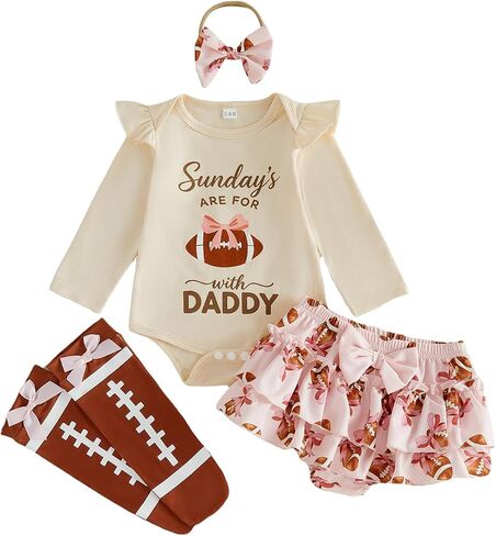 Baby Girl Football Outfit Romper Shorts Bow Headband Socks Set | Baby Football Outfit, Newborn Football Outfit Girl, Football Baby Clothes, Football Game Day Clothes, Newborn Infant Girl in Kuwait