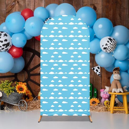 7.2 ft Cartoon Arch Backdrop Cover Blue Sky and White Clouds Arch Spandex Stretch Backdrop Stand Cover for Wedding Birthday Banquet Ceremony Decoration(White Cloud) in Kuwait