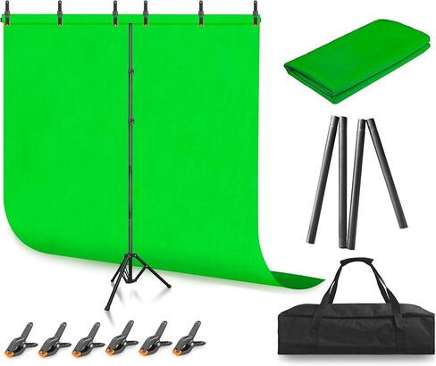 Jiang&Rong Green Screen Backdrop Stand Kit 5x10FT with Reverse Folding Base | Portable T-Shape Background Stand for Photography, Streaming, Video Recording, Includes Carry Bag & 6 Clamps in Kuwait