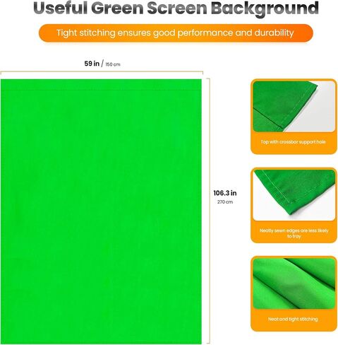 Jiang&Rong Green Screen Backdrop Stand Kit 5x10FT with Reverse Folding Base | Portable T-Shape Background Stand for Photography, Streaming, Video Recording, Includes Carry Bag & 6 Clamps in Kuwait