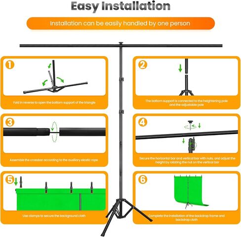 Jiang&Rong Green Screen Backdrop Stand Kit 5x10FT with Reverse Folding Base | Portable T-Shape Background Stand for Photography, Streaming, Video Recording, Includes Carry Bag & 6 Clamps in Kuwait