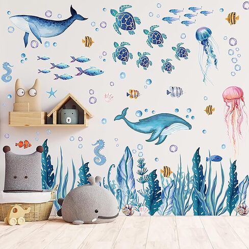 142 Piece Ocean Wall Decals for Kids Rooms, Under The Sea Nursery Stickers with Whales Turtles, Peel and Stick Wallpaper Alternative for Baby Children's Room Decor in Saudi Arabia