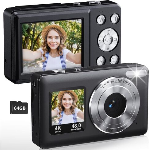 Digital Camera Dual Screen Kids Camera 4K 48MP with Autofocus & 16X Zoom, Internal Battery, 64GB SD Card Included | Portable Selfie Camera for Teens Children, Starter Vlogging Cameras in Saudi Arabia