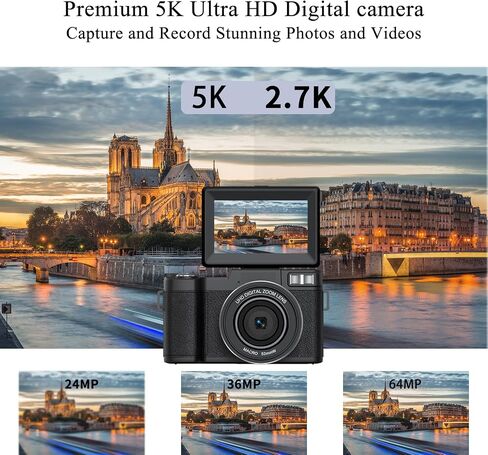كاميرا رقمية بدقة 5K للتصوير الفوتوغرافي وكاميرا تسجيل فيديو بتركيز تلقائي بدقة 64 ميجابكسل لليوتيوب مقاس 3 بوصات وشاشة قلاب 180 درجة للسفر وتقريب رقمي 18X، وبطاريتين مضادتين للاهتزاز وبطاقة TF سعة 32 جيجابايت in Kuwait