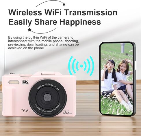 Digital Camera for Photography, 5K Vlogging Camera with 3in 180° Flip Screen, 18X Digital Zoom, WiFi Compact Travel Camera for Beginners in Kuwait