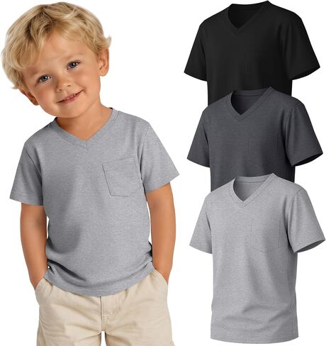 3 Pack Toddler Boys Short Sleeve Shirts | V Neck, Baby Tees, Summer, Basic, Athletic, Casual, with Pocket, Back to School Clothes, for Kids 18M-5T in Saudi Arabia