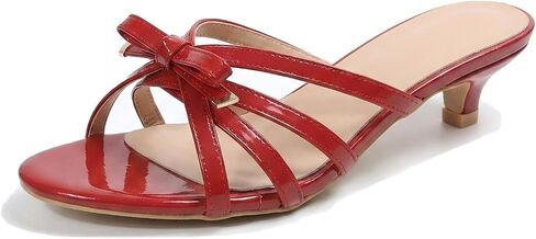 Women’s Patent Bow Kitten Heel Sandals Open Toe Strappy Slip-On Heels | Patent-look upper with decorative bow slender strappy design open toe low kitten heel easy slip-on style for dress wear in Saudi Arabia