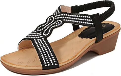 Womens Wedge Sandals Beaded Low Heel Dressy Sandals Elastic Ankle Strap Rhinestone Summer Comfortable Walking Shoes in Saudi Arabia