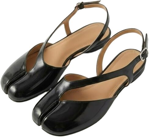 Glossy Split Toe Tabi Flats for Women, Patent Leather Mary Jane Slingback Sandals, Comfy Square Toe Low Heel Walking Shoes for Office, Party & Fashion Streetwear in Kuwait