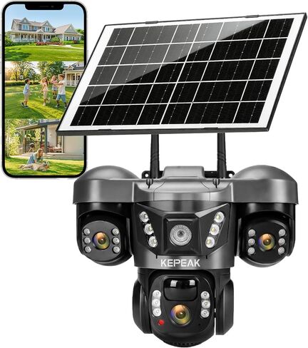 KEPEAK Solar Security Camera Outdoor Wireless, Triple Lens PTZ Camera, 360° Pan Tilt, Color Night Vision, PIR Motion Detection, Two-Way Audio, Battery Powered, IP66, V380 App in Saudi Arabia