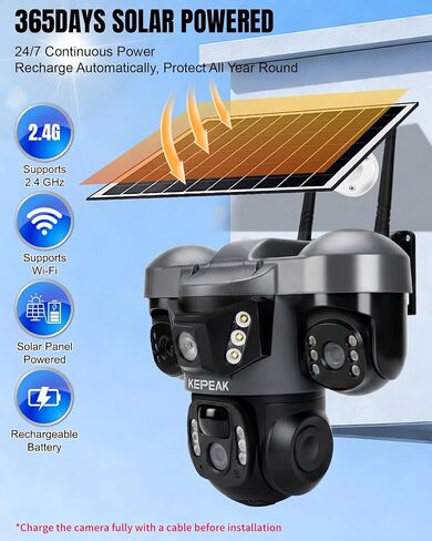 KEPEAK Solar Security Camera Outdoor Wireless, Triple Lens PTZ Camera, 360° Pan Tilt, Color Night Vision, PIR Motion Detection, Two-Way Audio, Battery Powered, IP66, V380 App in Saudi Arabia