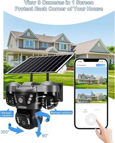 KEPEAK Solar Security Camera Outdoor Wireless, Triple Lens PTZ Camera, 360° Pan Tilt, Color Night Vision, PIR Motion Detection, Two-Way Audio, Battery Powered, IP66, V380 App in Saudi Arabia