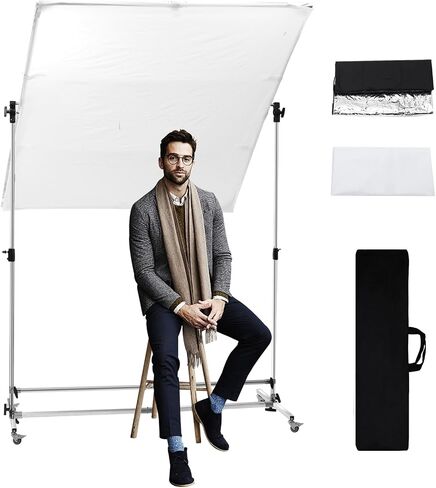 Photography Light Diffuser Screen 360° Rotatable for Studio | 79x59 inch Reflector Adjustable Stand, White, Silver, Black Dual Fabric, 7-10ft Height, Locking Casters Aluminum Alloy Frame in Kuwait