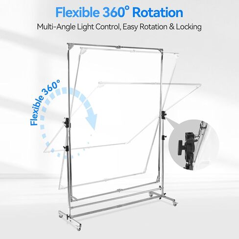 Photography Light Diffuser Screen 360° Rotatable for Studio | 79x59 inch Reflector Adjustable Stand, White, Silver, Black Dual Fabric, 7-10ft Height, Locking Casters Aluminum Alloy Frame in Kuwait