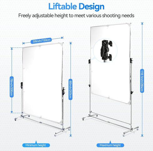 Photography Light Diffuser Screen 360° Rotatable for Studio | 79x59 inch Reflector Adjustable Stand, White, Silver, Black Dual Fabric, 7-10ft Height, Locking Casters Aluminum Alloy Frame in Kuwait