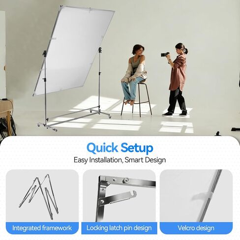 Photography Light Diffuser Screen 360° Rotatable for Studio | 79x59 inch Reflector Adjustable Stand, White, Silver, Black Dual Fabric, 7-10ft Height, Locking Casters Aluminum Alloy Frame in Kuwait