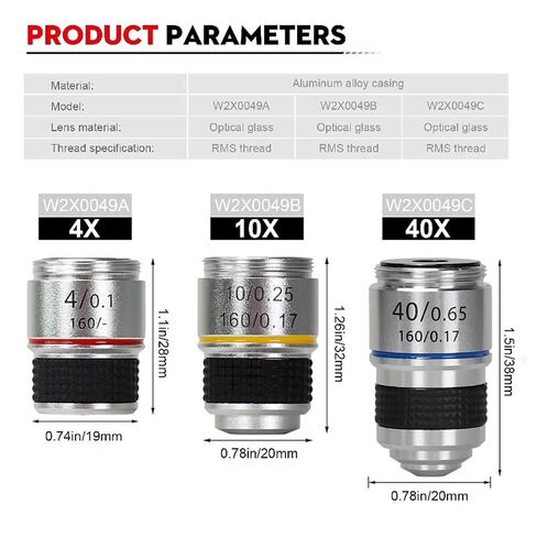 4X,10X,40X Aluminum Alloy Microscope Objective Lens Set, RMS Threaded & Achromatic(40X) in Saudi Arabia