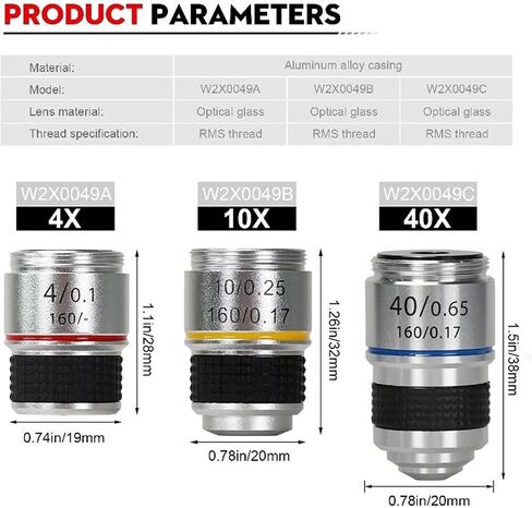4X,10X,40X Aluminum Alloy Microscope Objective Lens Set, RMS Threaded & Achromatic(10X) in Saudi Arabia