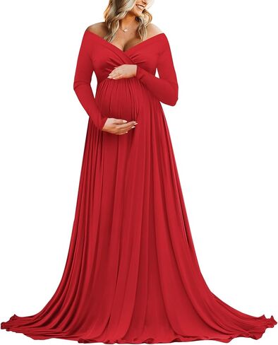 Saslax Maternity Dress Photoshoot Baby Shower Gown Red S | Flowy Maxi Length,Formal Elegant,Gender Reveal,Wedding Guest,Photography,Special Occasions in Saudi Arabia