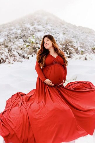 Saslax Maternity Dress Photoshoot Baby Shower Gown Red S | Flowy Maxi Length,Formal Elegant,Gender Reveal,Wedding Guest,Photography,Special Occasions in Saudi Arabia