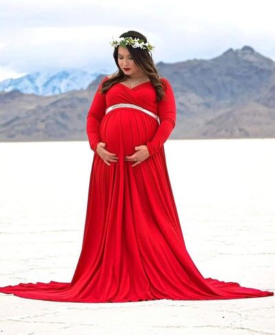 Saslax Maternity Dress Photoshoot Baby Shower Gown Red S | Flowy Maxi Length,Formal Elegant,Gender Reveal,Wedding Guest,Photography,Special Occasions in Saudi Arabia