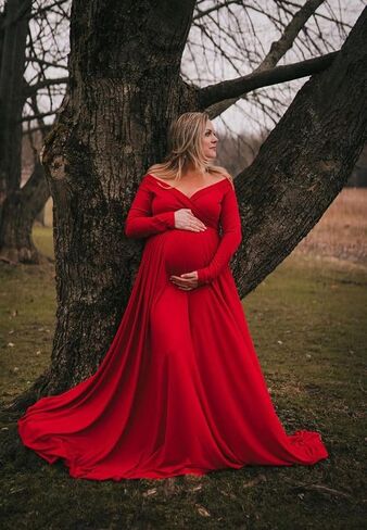 Saslax Maternity Dress Photoshoot Baby Shower Gown Red S | Flowy Maxi Length,Formal Elegant,Gender Reveal,Wedding Guest,Photography,Special Occasions in Saudi Arabia
