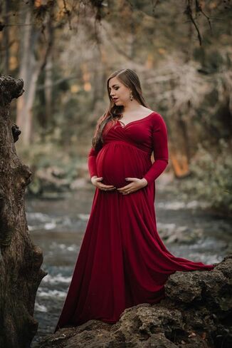 Saslax Maternity Dress Photoshoot Baby Shower Gown Red S | Flowy Maxi Length,Formal Elegant,Gender Reveal,Wedding Guest,Photography,Special Occasions in Saudi Arabia