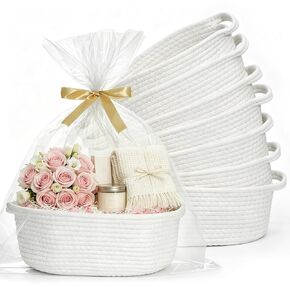 8PCS Small Woven Basket for Gift with Bags, Ribbons & Fillers, White | Empty Gift Basket for Christmas, Baby Shower, Birthday, Cotton Rope Basket with Handles for Nursery & Toy Storage, 12"x8"x5" in Saudi Arabia