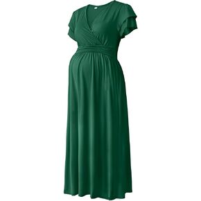 Maternity Maxi Dress Summer Flowy for Baby Shower,Dark Green 2XL | Short Sleeve Wrap Design with Pockets,Soft Stretchy Fit for Growing Bumps,Pregnancy Dress for Photoshoot & Casual Outings in Kuwait