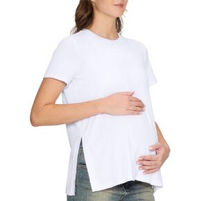 Women's Maternity Shirts, Crew Neck Maternity Top Short Sleeve | Side Split Shape, Pregnancy Tee Design, Casual Wardrobe Basic, For Daily Wear, Layering, Workdays, Weekend Looks, Bump Fit in Saudi Arabia