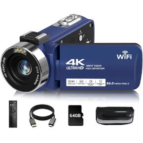 Video Camera, 4K Camcorder 56MP Digital Video Recorder 18X Zoom 3" 270° Rotation Touchscreen IR Night Vision, Wifi Vlogging Camera for YouTube 64GB Card Anti-Shake Remote Control Camera Bag Lens Cap in Saudi Arabia