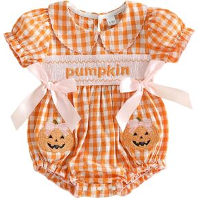 Baby Girl Halloween Romper Pumpkin Plaid Short Sleeve Jumpsuit | Newborn Baby Girl Halloween Outfit Pumpkin Ghost Smocked Bubble Romper First Halloween Baby Girl Clothes Fall Plaid Onesie in Saudi Arabia