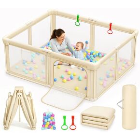 59"X71" Foldable Baby Playpen with Mat Play Pen for Baby and Toddler Beige | Extra Large Playpens, Baby Essential Gifts, Portable Play Pen For 6-12 Months Play Yard Safety Fence Indoor, Pack And Play in Saudi Arabia