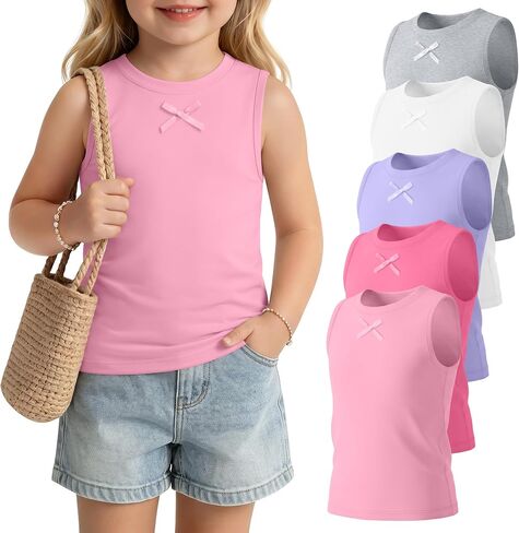 5 Pack Toddler Girl Tank Tops with Bow | Crew Neck, Sleeveless Undershirts, Basic Layering Tops, for Kids 18m-5t, Summer, Cute, School Wear, Birthday, Play in Saudi Arabia