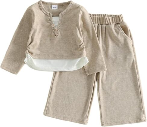 Toddler Baby Girl Fall Outfit Sweatshirt Pants 2pcs Tracksuit Sets | Contrast Color Fake Two-Piece Pullover Shirt Tops And Wide Leg Pant Outfit Kids Causal Winter Clothes in Saudi Arabia