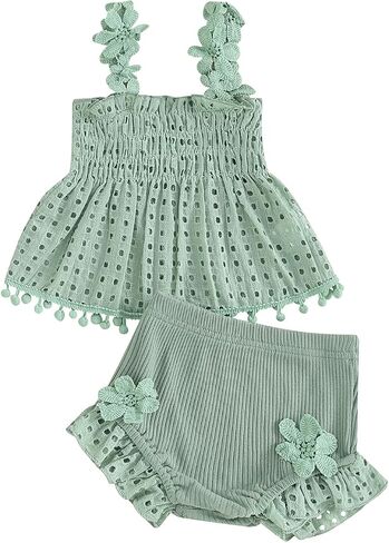 Infant Girls 2 Piece Outfits Solid Color Hollowed Pleated Tank Tops with Ruffle Shorts Baby Girl Casual Summer Clothes in Kuwait