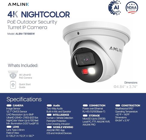 AMLINK 2-Pack 4K/8MP Security AI IP PoE Camera, Human/Vehicle Detection, NDAA Compliant, Indoor Outdoor Surveillance Turret, 2-Way Audio, Support 256GB MicroSD, Deterrent, 2PACK-AL8M-T8198EW in Saudi Arabia