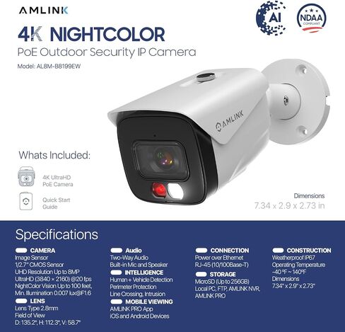 AMLINK 2-Pack 4K/8MP Security AI IP PoE Camera, Human/Vehicle Detection, NDAA Compliant, Indoor Outdoor Surveillance Bullet, 2-Way Audio, Support 256GB MicroSD, Deterrent, 2PACK-AL8M-B8199EW in Saudi Arabia