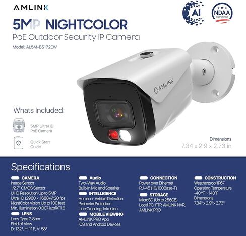 AMLINK 2-Pack 5MP Security AI IP PoE Camera, Indoor Outdoor Surveillance Bullet, 2-Way Audio, Support 256GB MicroSD, Deterrent, 20fps 2PACK-AL5M-B5172EW in Saudi Arabia