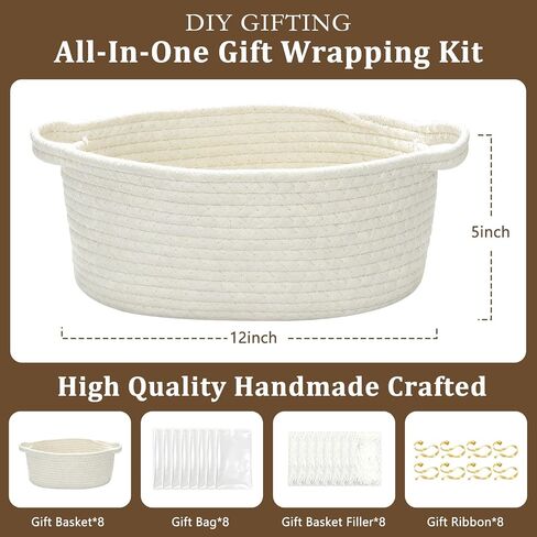 8PCS Small Woven Basket for Gift with Bags, Ribbons & Fillers, White | Empty Gift Basket for Christmas, Baby Shower, Birthday, Cotton Rope Basket with Handles for Nursery & Toy Storage, 12"x8"x5" in Saudi Arabia