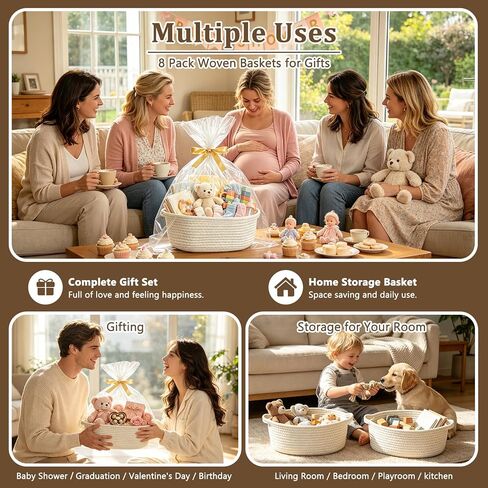 8PCS Small Woven Basket for Gift with Bags, Ribbons & Fillers, White | Empty Gift Basket for Christmas, Baby Shower, Birthday, Cotton Rope Basket with Handles for Nursery & Toy Storage, 12"x8"x5" in Saudi Arabia