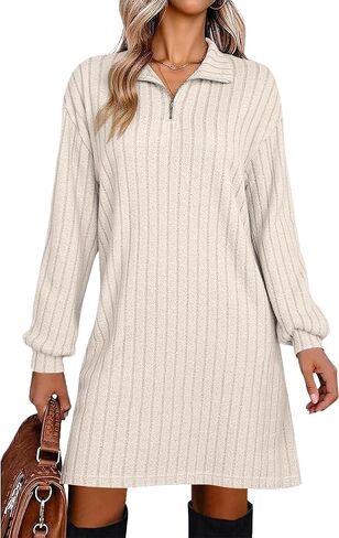 Halife Women's Casual Long Sleeve Fall Dresses V Neck Ribbed Knit Lightweight Sweater Dress with Zippers in Saudi Arabia