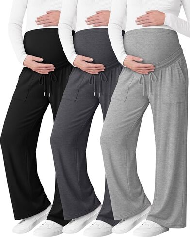 3 Pack Women's Maternity Casual Pants, 3-Color, Small | Wide Leg, Over The Belly, Loose Fit, Pants with Pockets, Pregnancy Pajama Trousers, Yoga, Postpartum, Delivery, Lounge in Saudi Arabia
