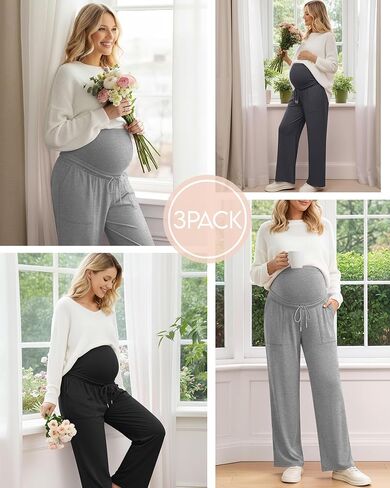 3 Pack Women's Maternity Casual Pants, 3-Color, Small | Wide Leg, Over The Belly, Loose Fit, Pants with Pockets, Pregnancy Pajama Trousers, Yoga, Postpartum, Delivery, Lounge in Saudi Arabia