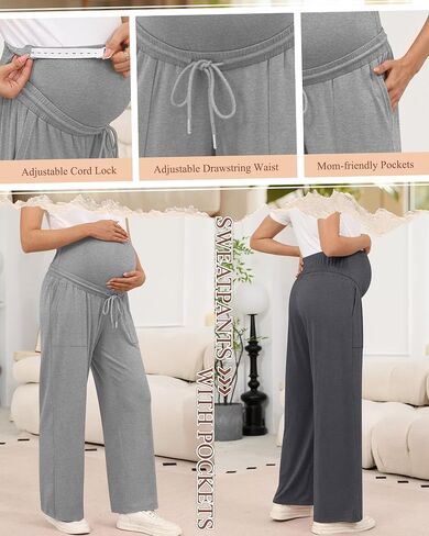 3 Pack Women's Maternity Casual Pants, 3-Color, Small | Wide Leg, Over The Belly, Loose Fit, Pants with Pockets, Pregnancy Pajama Trousers, Yoga, Postpartum, Delivery, Lounge in Saudi Arabia