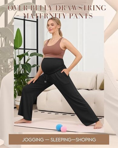 3 Pack Women's Maternity Casual Pants, 3-Color, Small | Wide Leg, Over The Belly, Loose Fit, Pants with Pockets, Pregnancy Pajama Trousers, Yoga, Postpartum, Delivery, Lounge in Saudi Arabia