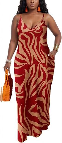 PerZeal Women's Summer Spaghetti Strap Dresses Plus Size Casual Print V Neck Maxi Dresses Loose Sundresses with Pockets in Saudi Arabia