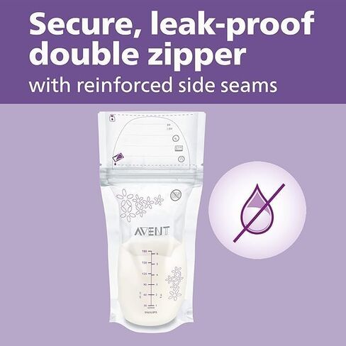 Philips Avent Breast Milk Storage Bags, 6 oz, 50-Pack | Pre-Sterilized, Reinforced Dual-Layer Bag, Double Zipper Leak Protection, Self-Standing, Wide Neck, SCF603/50 in Saudi Arabia